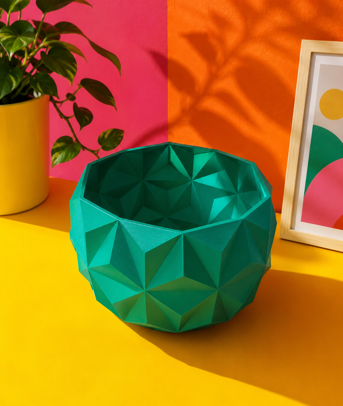 Vaso Liberazione decorativo geometrico verde in PETG su sfondo colorato moderno con design contemporaneo