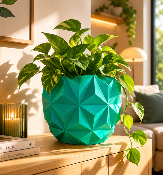 Vaso Liberazione geometrico in PETG con pianta verde da interno su mobile moderno in soggiorno luminoso