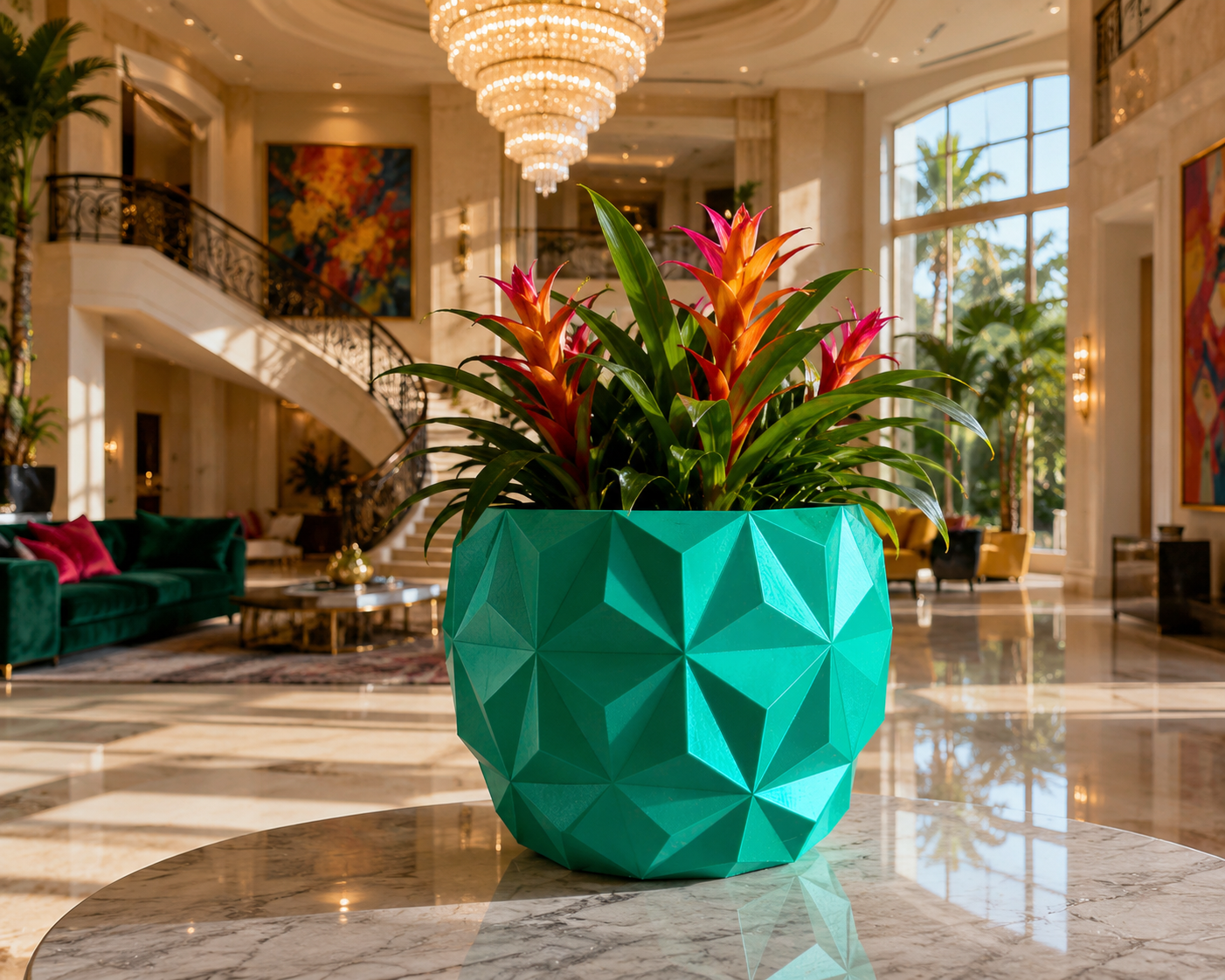 Vaso Liberazione con pianta tropicale colorata in elegante villa di lusso e ambiente di design moderno