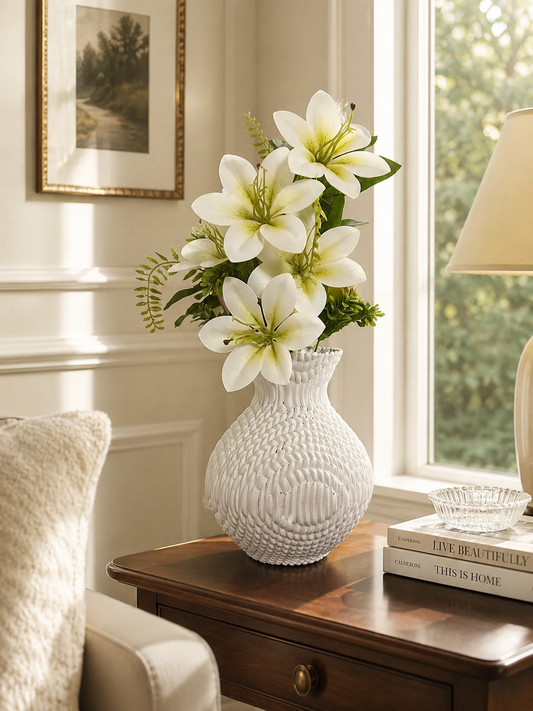 Vaso Campagnolo bianco con fiori decorativi, vaso design stampato in 3D