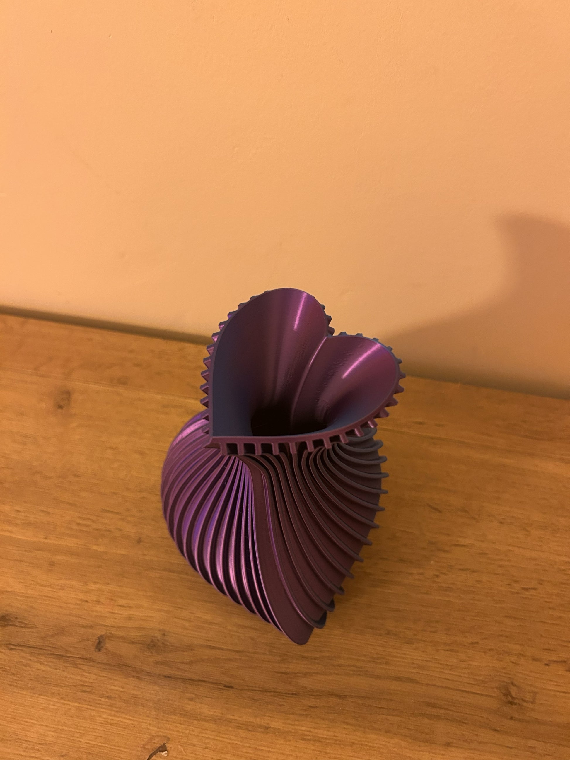 Vista dall’alto del Vaso Cuore stampato in 3D in PLA, apertura a forma di cuore