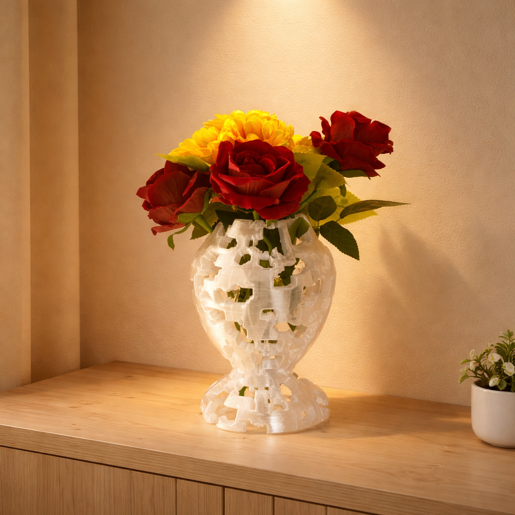 Vase Pesce Orata Voronoi in PETG with fiori decorativi su mobile in legno
