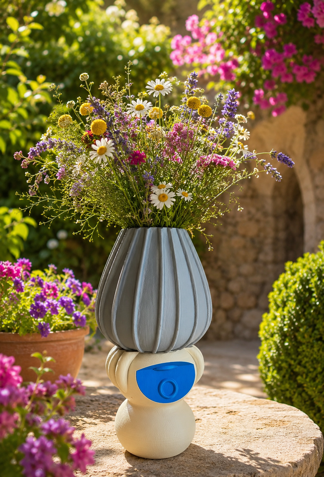 Dettaglio del vaso scultura tribale con superfici artistiche stampate in 3D