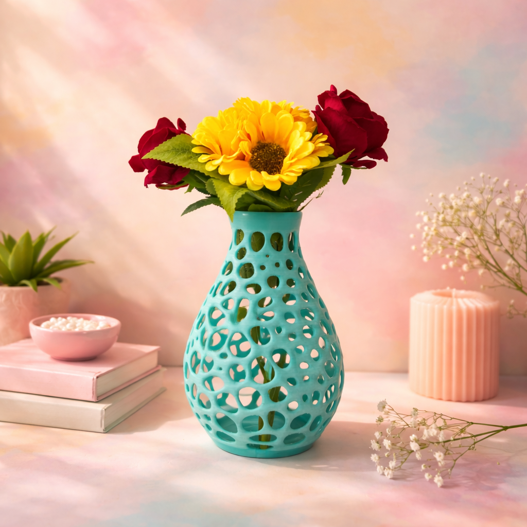 Vaso Speranza Voronoi in PETG con fiori decorativi, design moderno traforato per arredo casa elegante