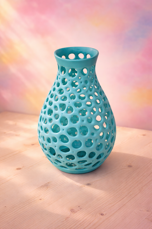 Dettaglio vaso Voronoi in PETG con pattern organico traforato, oggetto decorativo contemporaneo