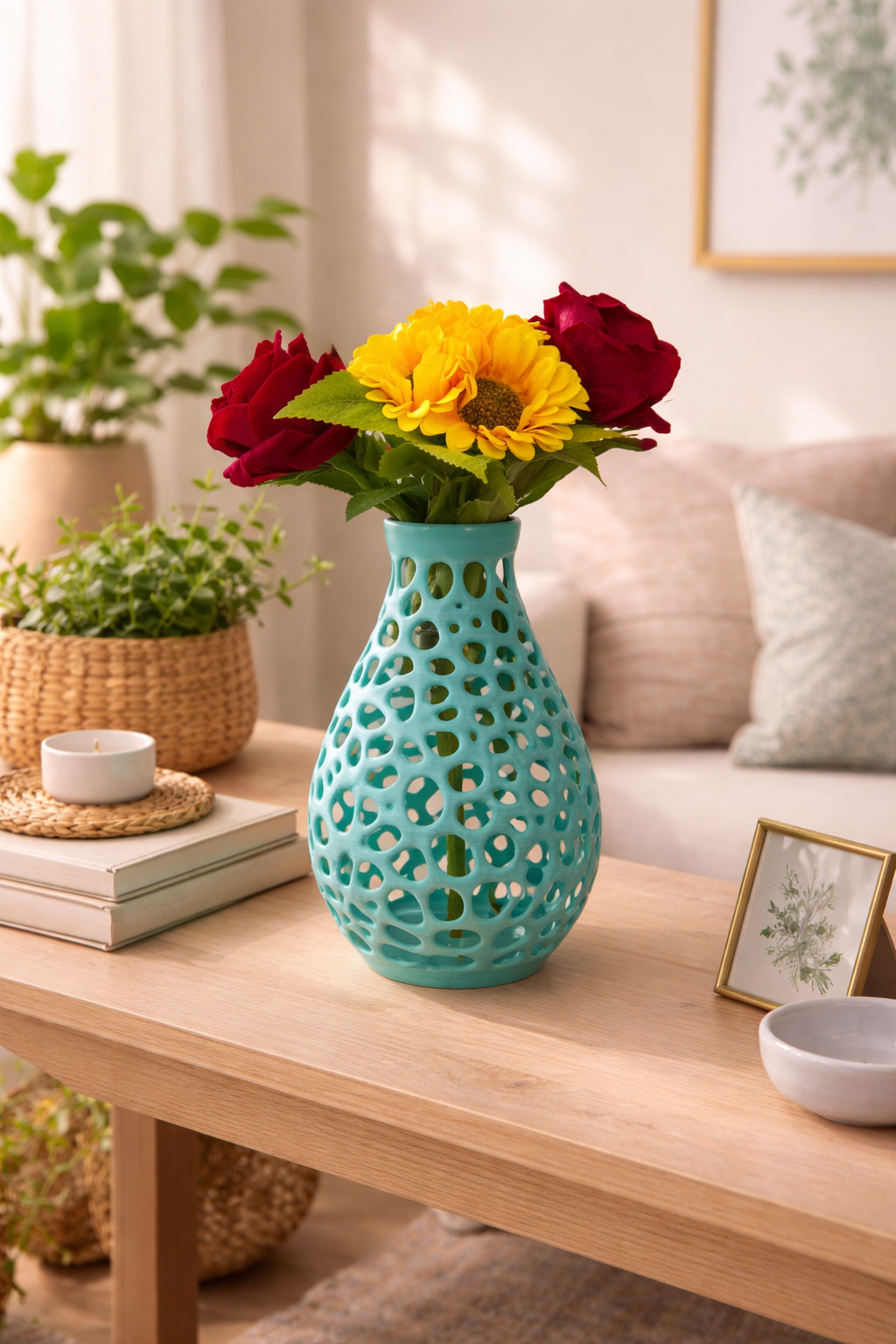 Vaso decorativo Voronoi in PETG colore turchese, struttura traforata moderna per interior design