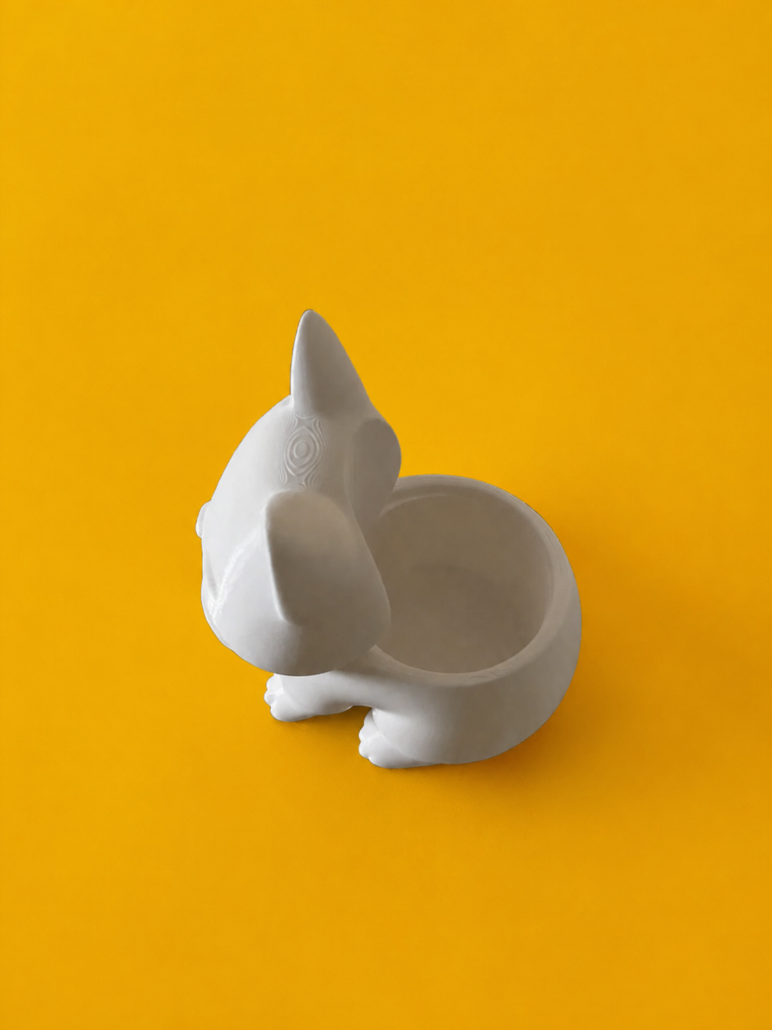 Vaso a Gatto stampato in 3D in PLA, vista dall’alto con alloggiamento per pianta