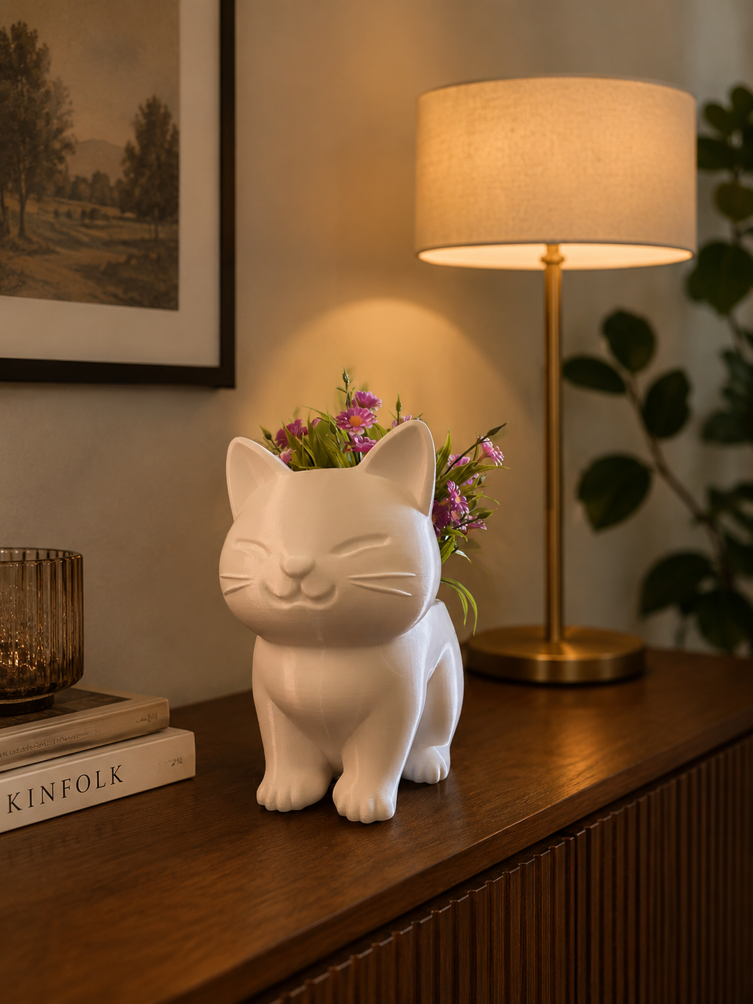 Vaso a Gatto porta pianta in PLA stampato in 3D con fiori, vista frontale