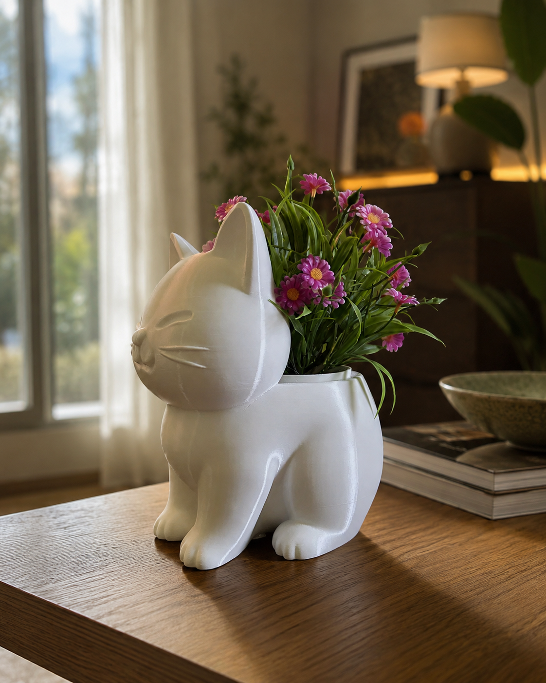 Vaso a Gatto decorativo stampato in 3D in PLA con fiori, vista laterale