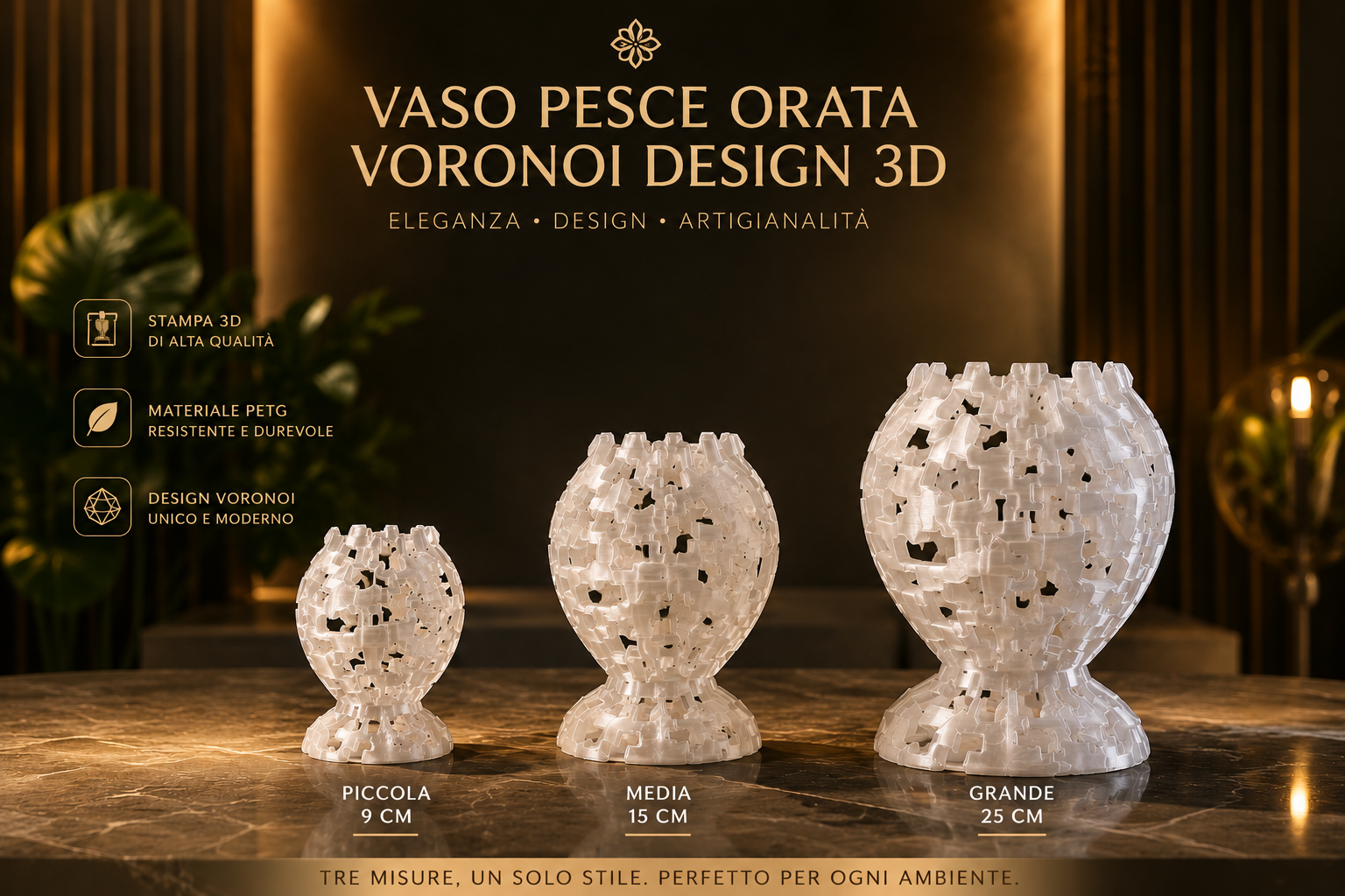 Voronoi Fish Vase collection in 3 sizes, 3D printed decorative vase in PETG for modern home decor, luxury interior design and contemporary living spaces.