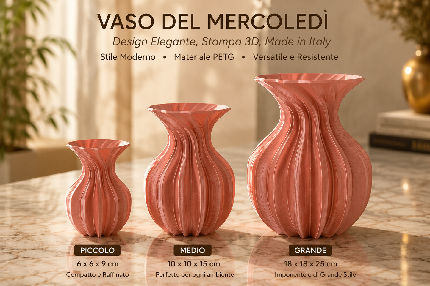 Three sizes of the Wednesday designer vase displayed together. Modern 3D printed PETG decorative flower vases for plants, flowers and luxury home decor. Available in small, medium and large sizes.
