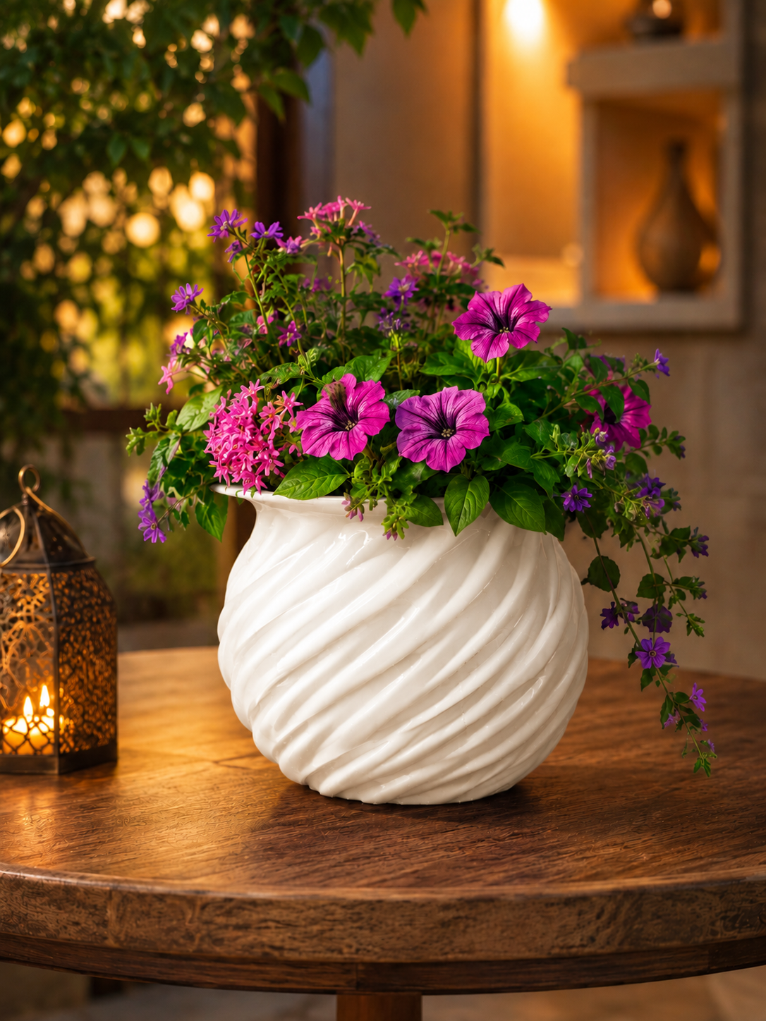 Elegant white 3D printed planter featuring a modern spiral design, filled with vibrant colorful flowers. Premium decorative flower pot for indoor plants, luxury home decor, contemporary interior design, living room decoration, botanical styling and designer home accessories.