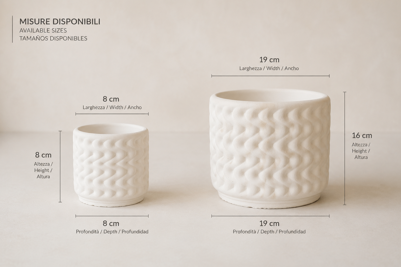 Two premium white textured ceramic planters shown in available sizes: small 8 x 8 x 8 cm and large 19 x 19 x 16 cm. Modern decorative indoor plant pots designed for flowers, succulents and stylish home interiors.