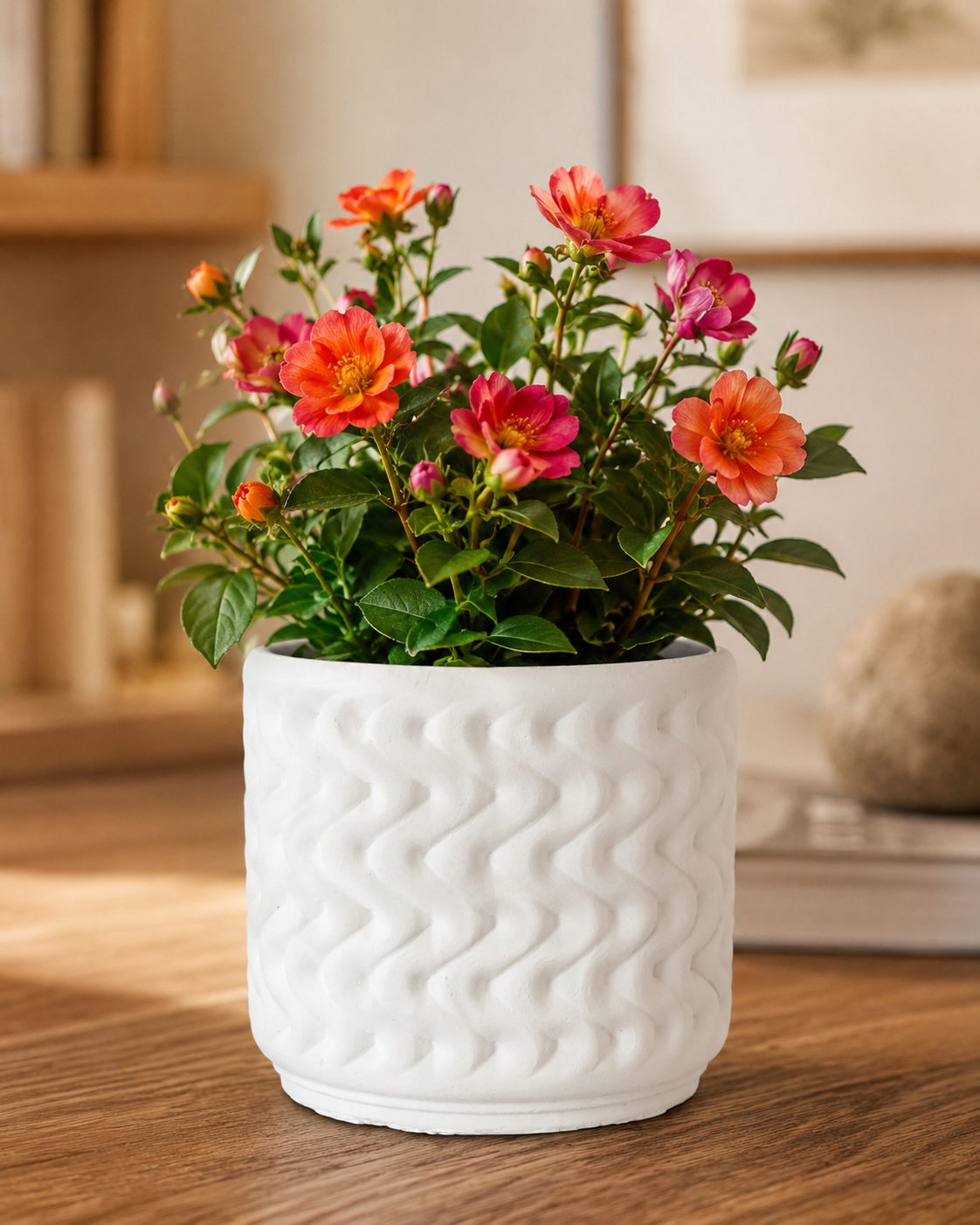 Premium white textured ceramic planter with vibrant orange, pink and red flowers, styled in a warm modern interior. Elegant indoor plant pot ideal for home decor, living rooms, offices and contemporary spaces.