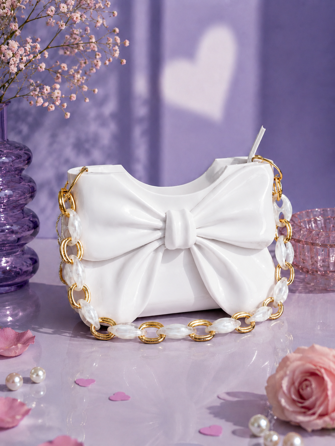 Elegant white Dany bow handbag designed in 3D and crafted from high-quality PLA with a glossy finish. Luxury women's designer shoulder bag featuring a sculptural bow, perfect for weddings, parties, elegant events, everyday fashion and contemporary outfits. A unique modern fashion accessory and stylish gift for her.