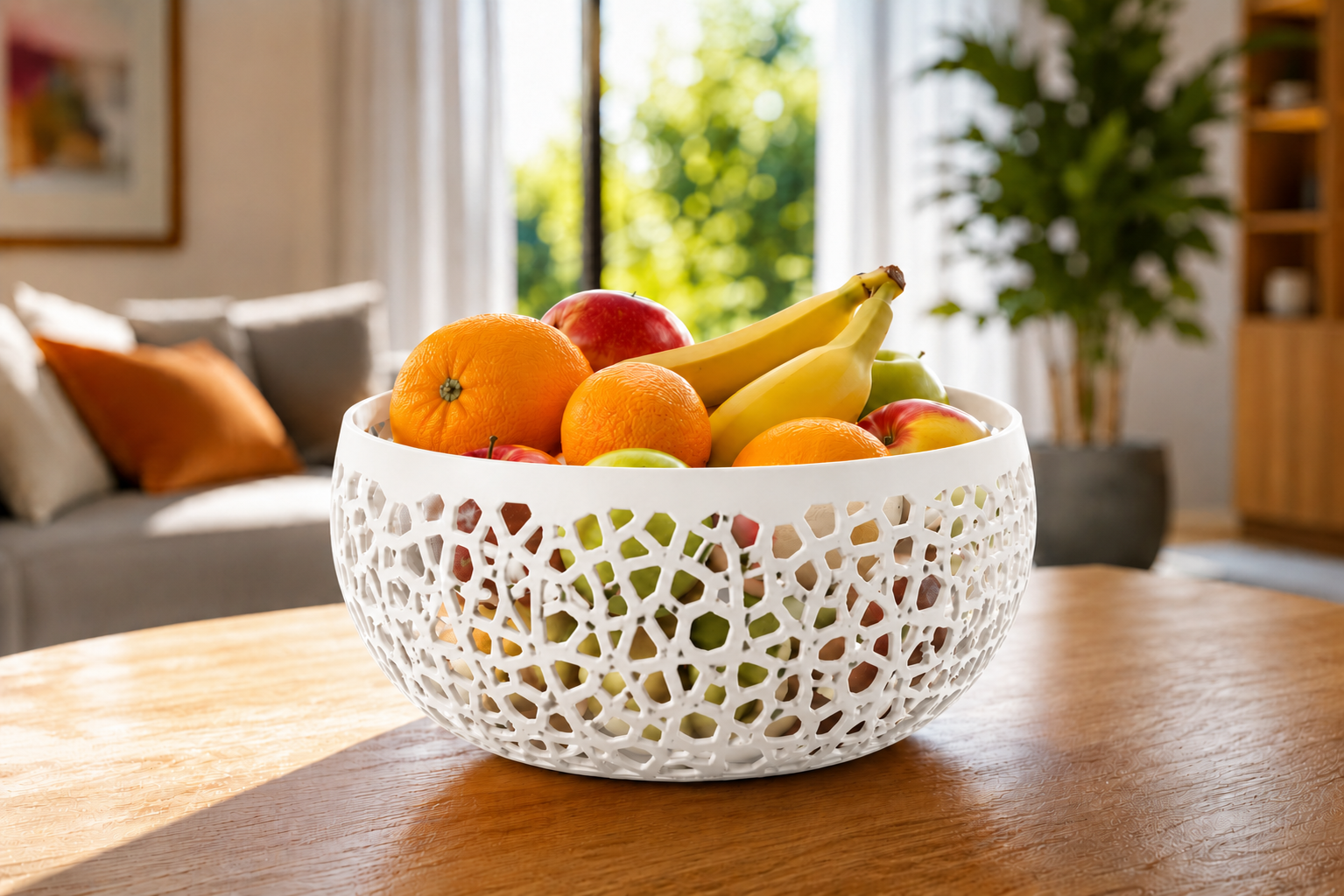 The White Lumea modern fruit bowl is a premium 3D printed decorative basket crafted from durable PETG. Its elegant geometric openwork design provides a perfect blend of modern style and everyday functionality, making it ideal for displaying fresh fruit as a sophisticated centerpiece in contemporary kitchens, dining rooms, and luxury living spaces. Designed and made in Italy, the Lumea fruit basket enhances modern home décor with timeless elegance and premium craftsmanship.