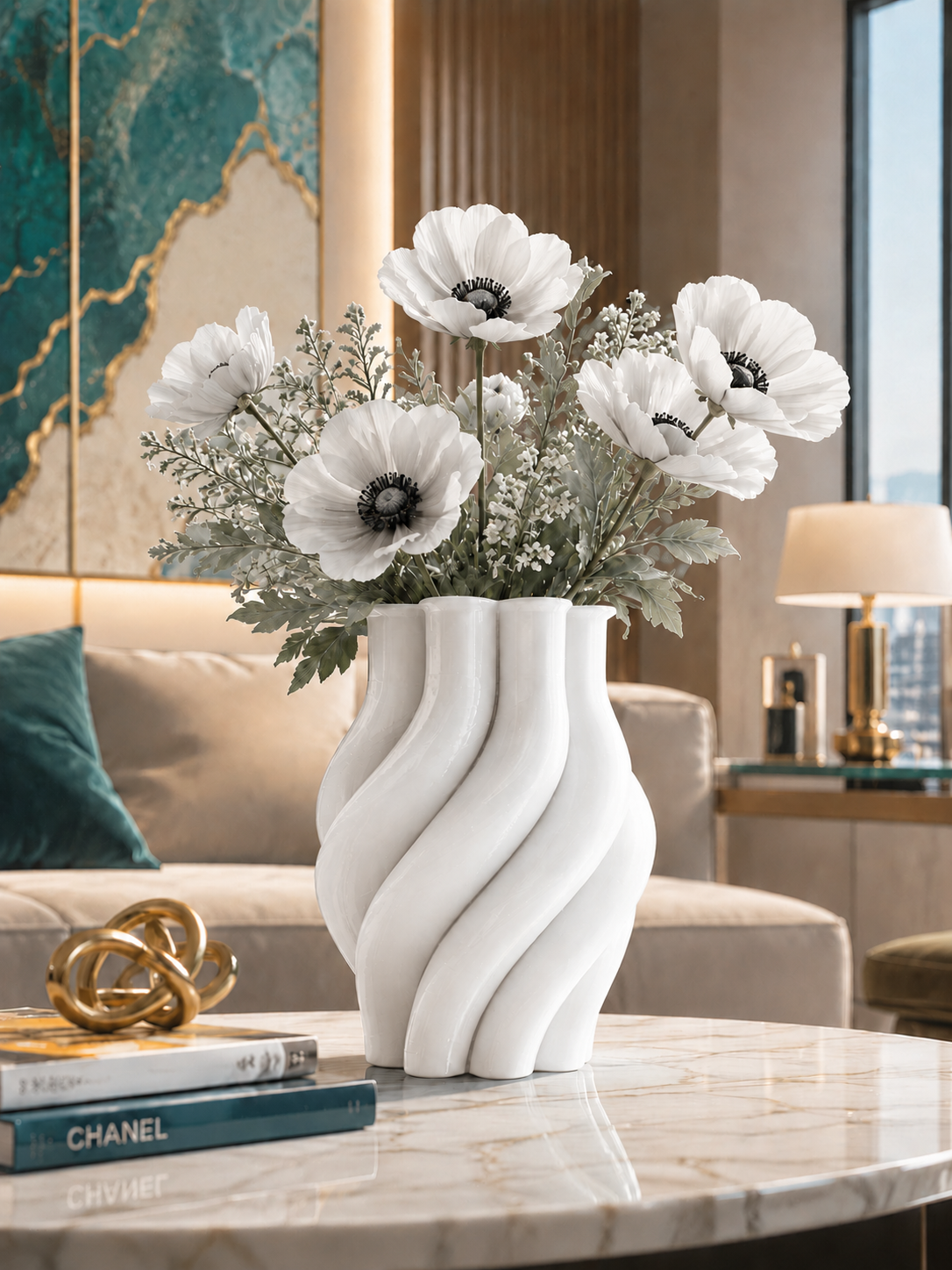 Elegant white Margherita designer vase handcrafted with premium 3D printing technology in durable PETG, featuring a sophisticated white floral arrangement. Luxury modern home decor for living rooms, dining tables, offices, hotels and contemporary interiors. Made in Italy, perfect for fresh flowers, designer interiors and elegant home styling.
