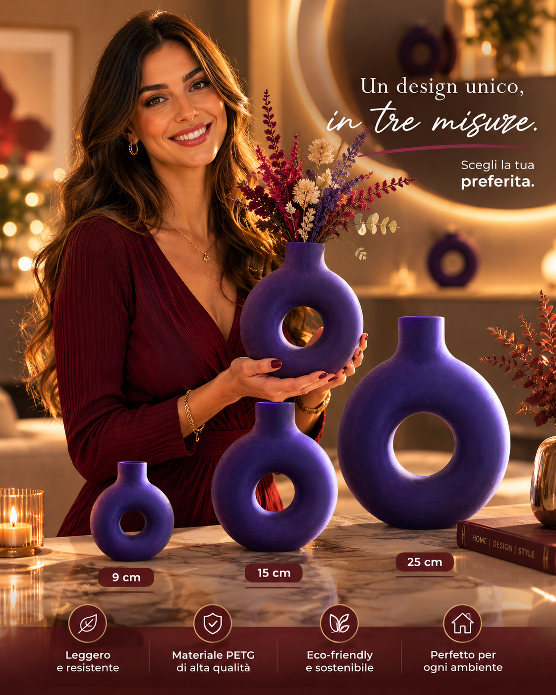 Smiling woman presenting a modern purple donut vase available in three sizes. Elegant 3D printed decorative vase designed for luxury home decor, contemporary interiors, modern furniture, minimalist styling, Scandinavian decoration, flower arrangements and unique home accessories.