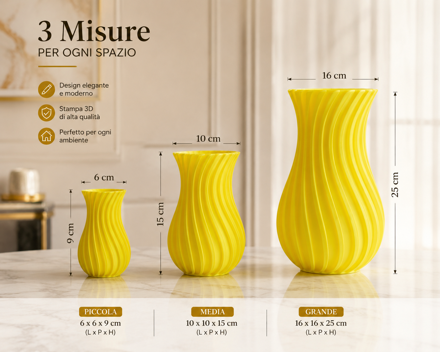 Comparison of three sizes of a modern yellow 3D printed decorative vase. Available in Small (6×6×9 cm), Medium (10×10×15 cm) and Large (16×16×25 cm). Elegant Made in Italy designer vase for flowers, plants and luxury interior decoration.