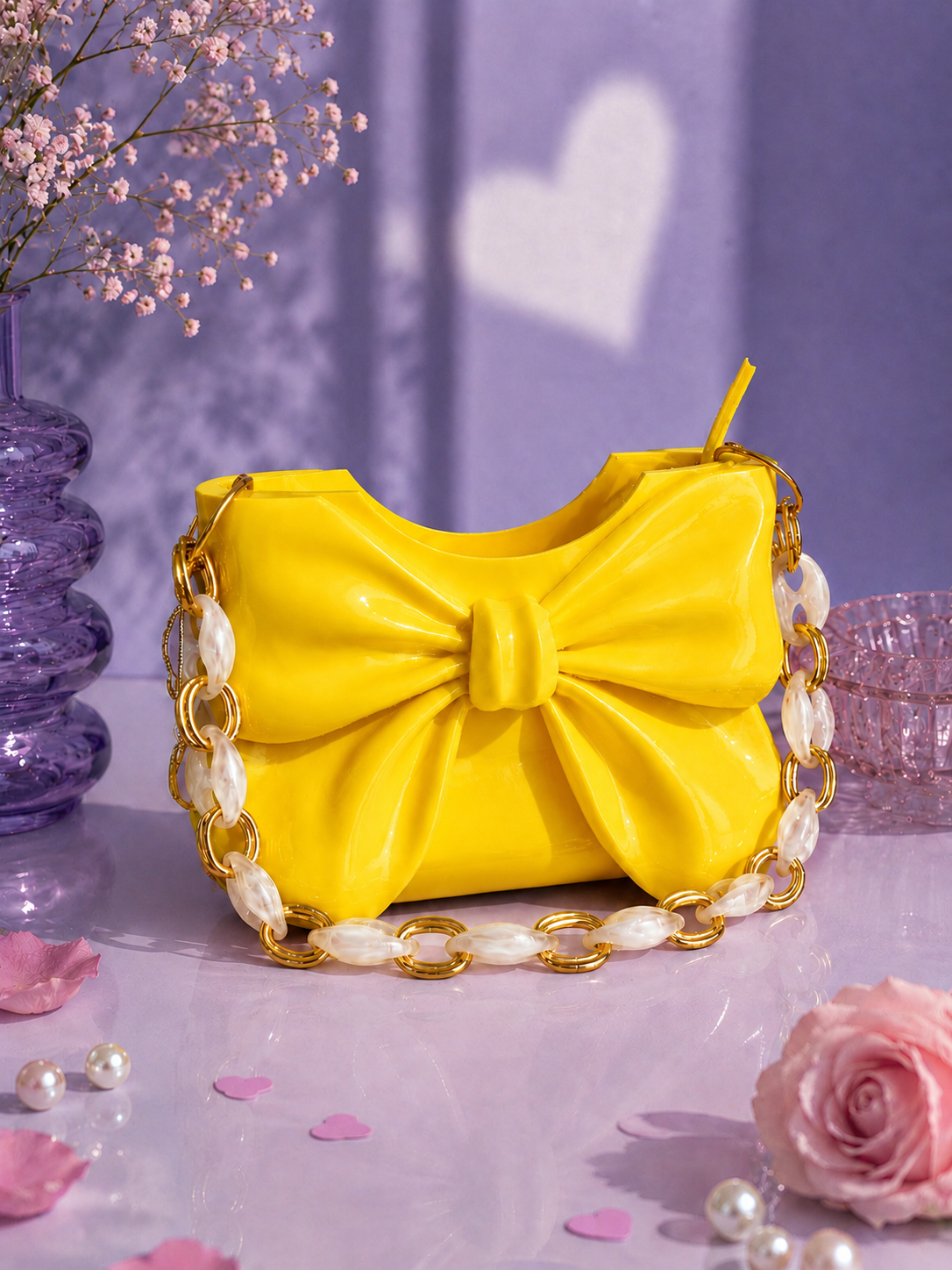 Elegant yellow Dany bow handbag designed in 3D and crafted from high-quality PLA with a glossy finish. Luxury women's designer shoulder bag featuring a sculptural bow, perfect for modern fashion, spring and summer outfits, parties, weddings, special occasions and everyday style. A unique contemporary fashion accessory and premium gift for her.