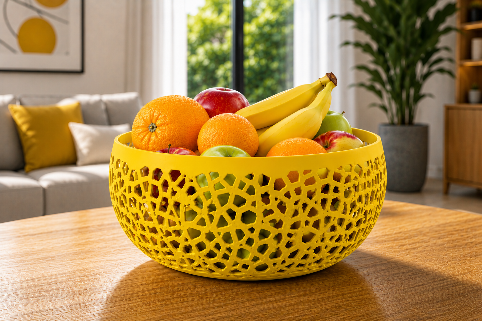 The Yellow Lumea modern fruit bowl is a premium 3D printed decorative basket crafted from durable PETG. Its vibrant yellow finish and elegant geometric openwork design make it a striking centerpiece for displaying fresh fruit in contemporary kitchens, dining rooms, and modern living spaces. Designed and made in Italy, this stylish fruit basket combines Italian craftsmanship, minimalist design, and everyday functionality, making it the perfect decorative fruit bowl for kitchen islands, dining tables, luxury 