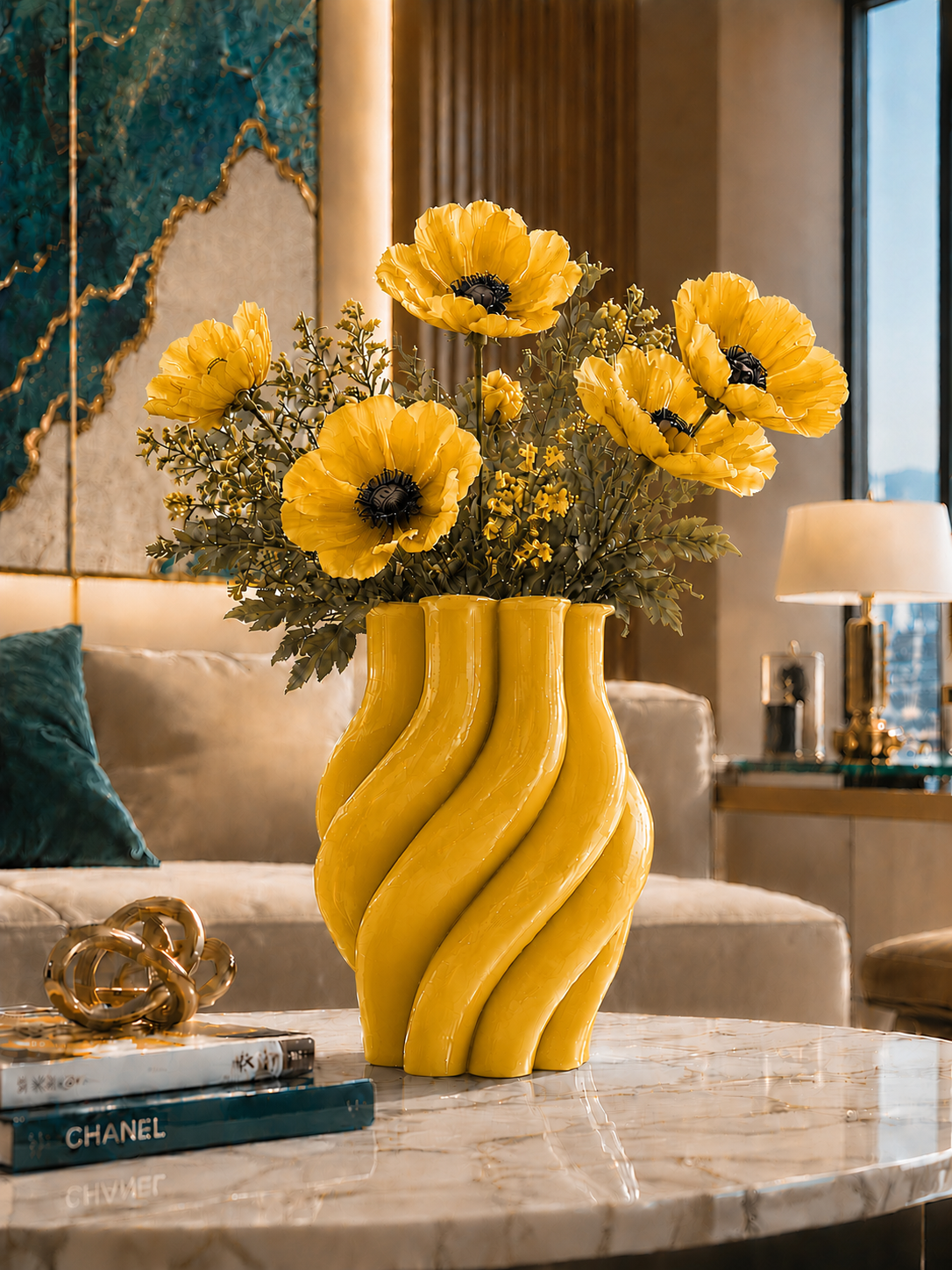 Elegant yellow Margherita designer vase expertly crafted with premium 3D printing technology in durable PETG, featuring a vibrant yellow floral arrangement that enhances its sculptural contemporary design. Perfect for luxury home decor, living rooms, dining tables, offices, hotels and modern interiors. Made in Italy, ideal for fresh flowers, designer styling, premium interior decoration and elegant home accessories.