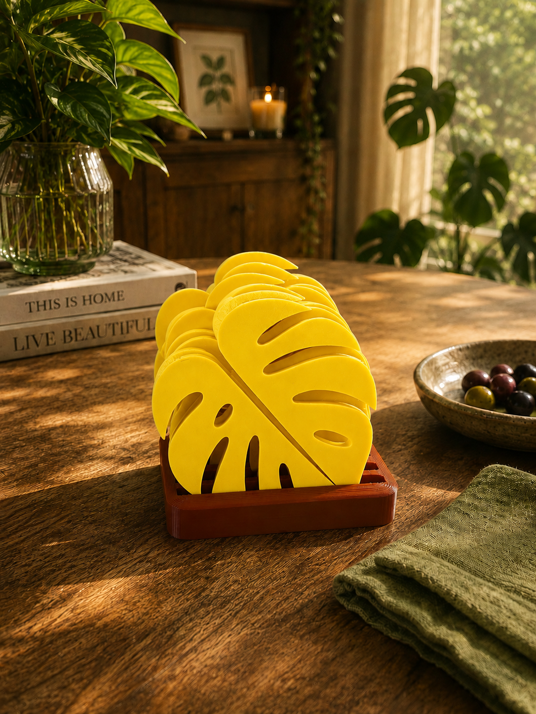 Bright Yellow Monstera Leaf Coasters with Matching Holder, expertly 3D Printed in Premium PETG. Modern Drink Coasters for Wine Glasses, Coffee Mugs, Cocktails and Elegant Table Decor. Botanical Home Accessories with Contemporary Design, Made in Italy.