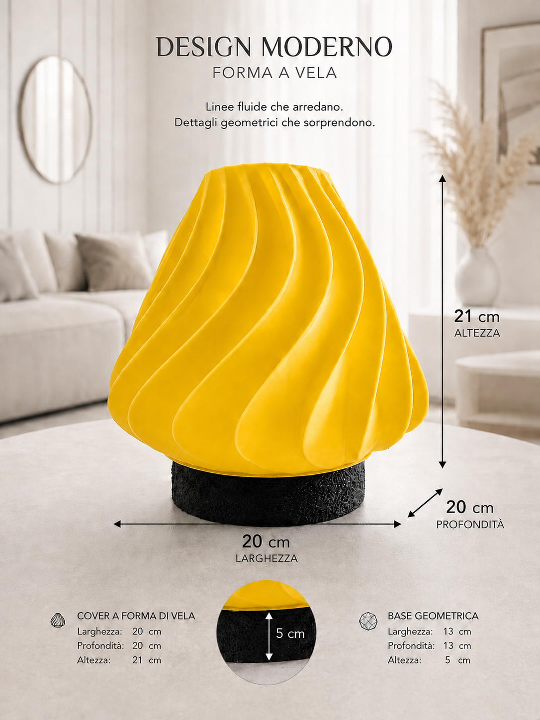 Modern yellow table lamp with sculptural wave design and black geometric base, ideal for contemporary home décor, statement lighting and modern interiors.