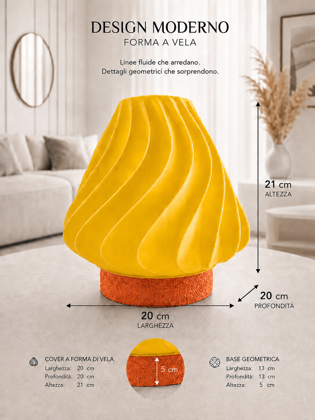 Modern yellow sculptural table lamp with orange geometric base and flowing wave design, ideal for colorful home décor, contemporary interiors and statement lighting.