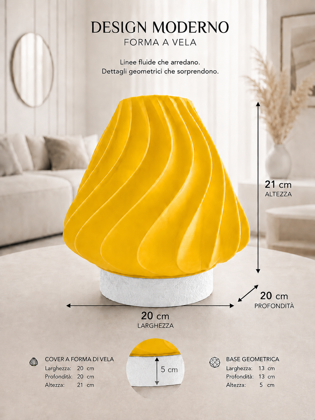 Yellow sculptural table lamp with white geometric base and flowing wave design, perfect for contemporary home décor, modern interiors and statement lighting.