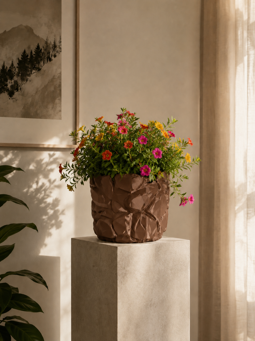 Macetero Muro Antico en color marrón con flores de colores, diseño moderno facetado impreso en 3D con efecto piedra para decoración contemporánea