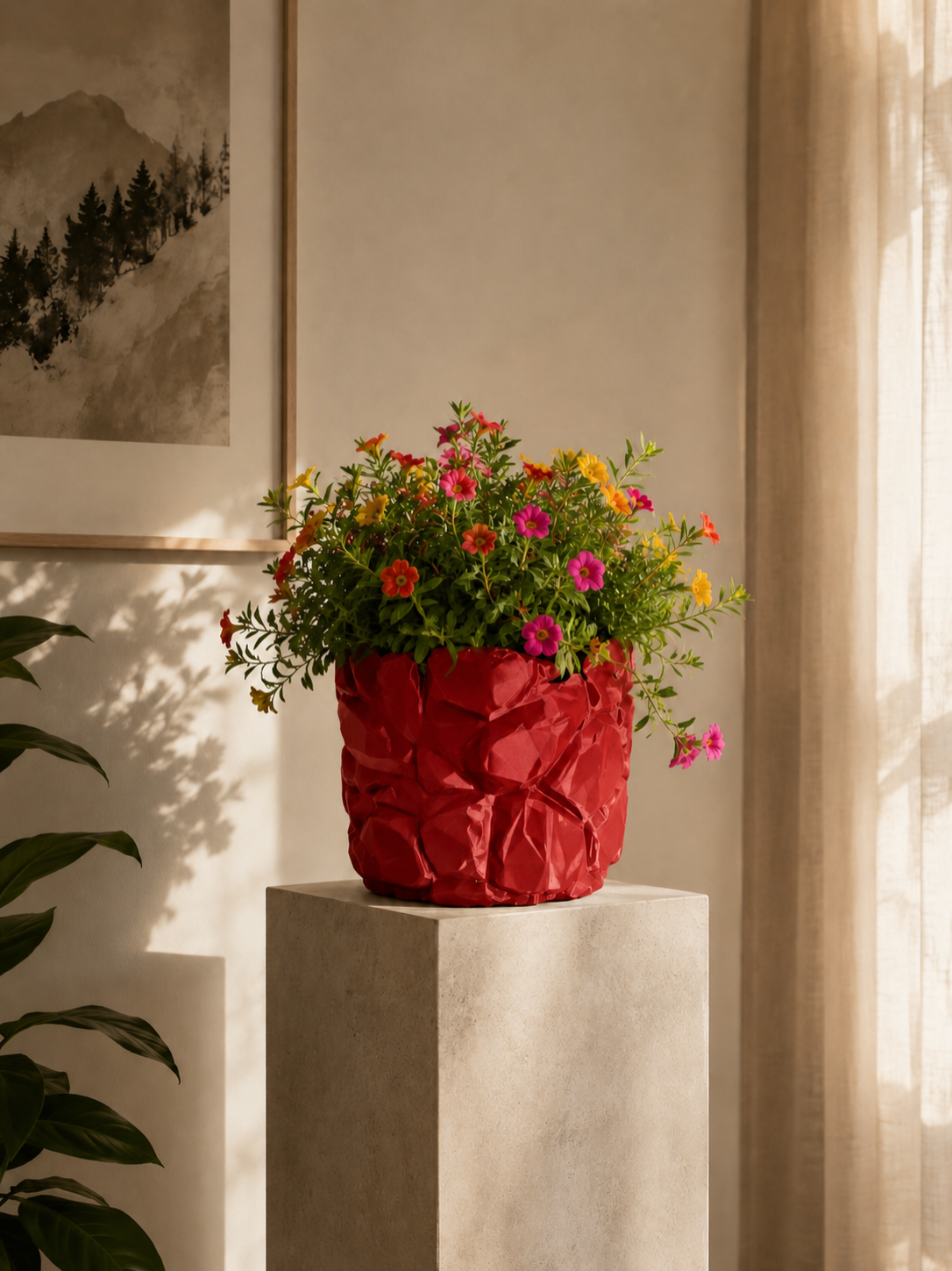 Macetero Muro Antico en color rojo con flores de colores, diseño moderno facetado impreso en 3D con efecto piedra para decoración contemporánea