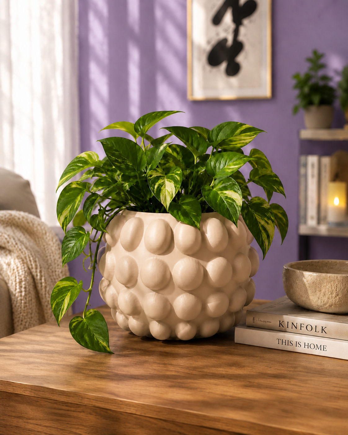 Jarrón Big Bubbles beige con una planta de interior en una sala de estar moderna