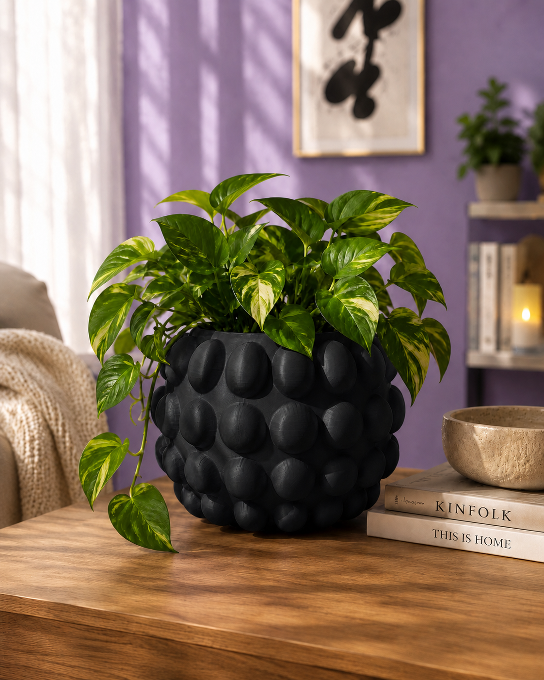 Jarrón Big Bubbles negro con una planta de interior en una sala de estar moderna