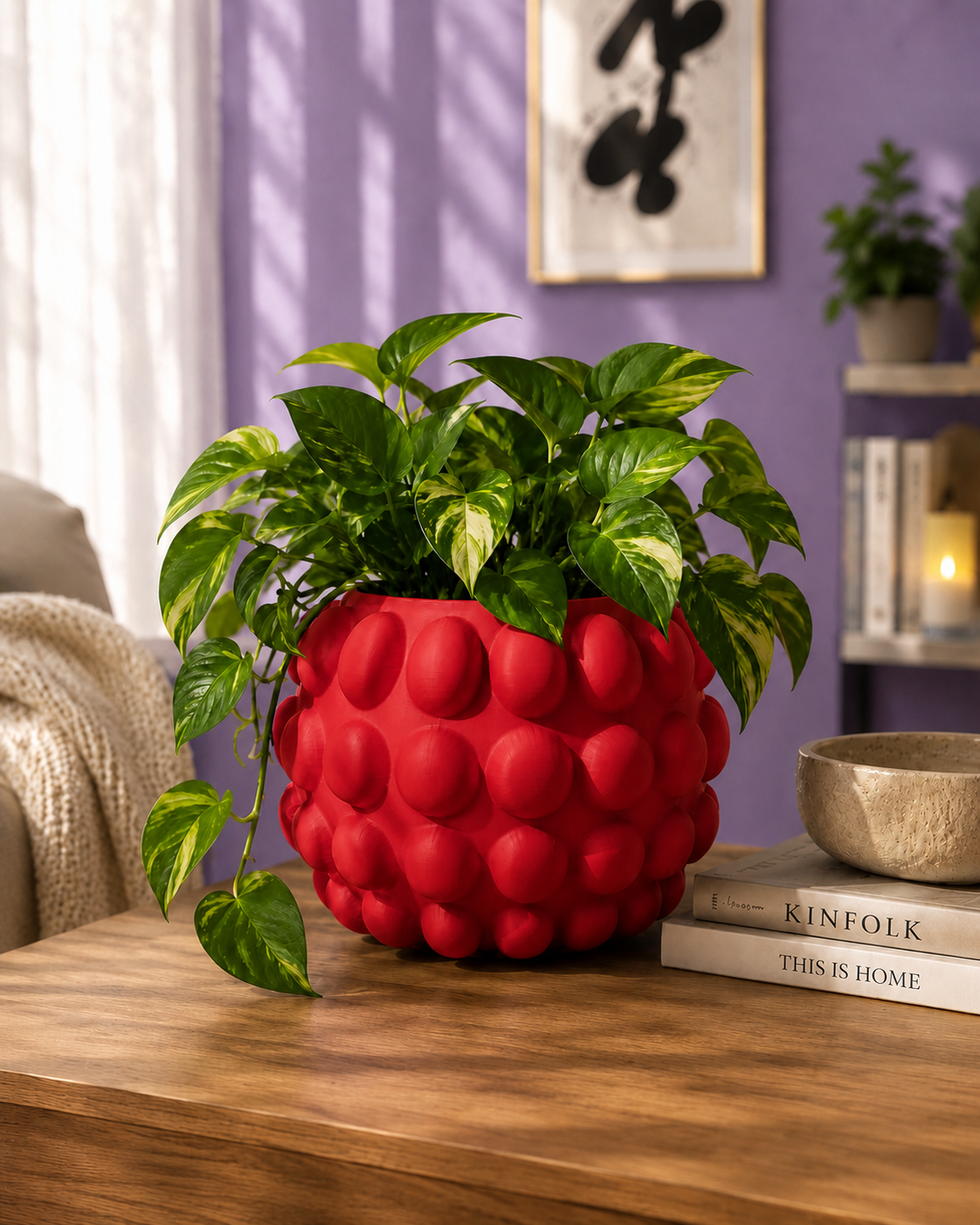 Jarrón Big Bubbles rojo con una planta de interior en una sala de estar moderna