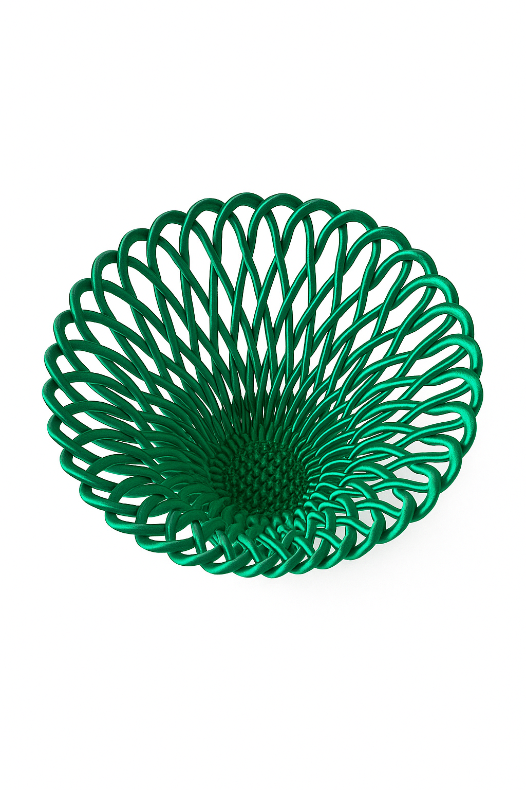 Basket verde per frutta stampato in 3D in PLA ecologico, design decorativo Made in Italy.