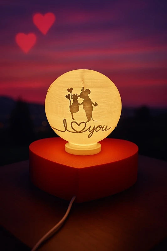 Lampada romantica a cuore accesa, stampa 3D che esalta i dettagli dei due innamorati e la scritta “I love you”