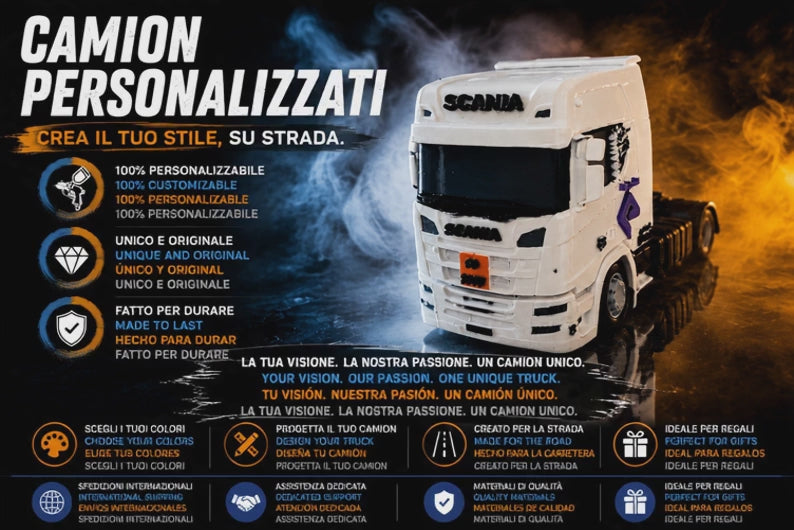 Discover our custom model trucks from every angle. Choose your colors, graphics and personalized details to create a unique miniature truck made especially for you.