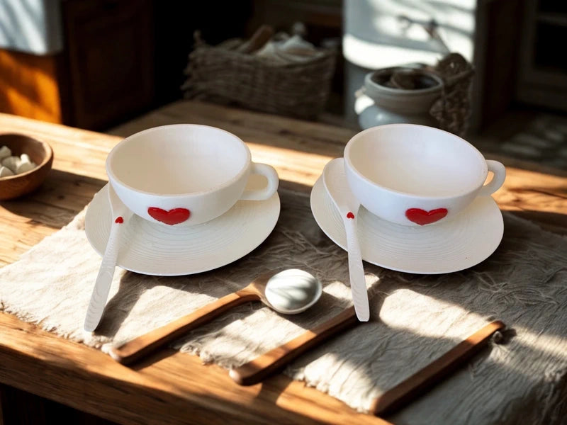 Set da due tazzine decorative da caffè bianche con cuore rosso stampate in 3D, con piattini coordinati e cucchiaini inclusi.