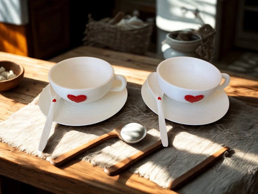 Set da due tazzine decorative da caffè bianche con cuore rosso stampate in 3D, con piattini coordinati e cucchiaini inclusi.