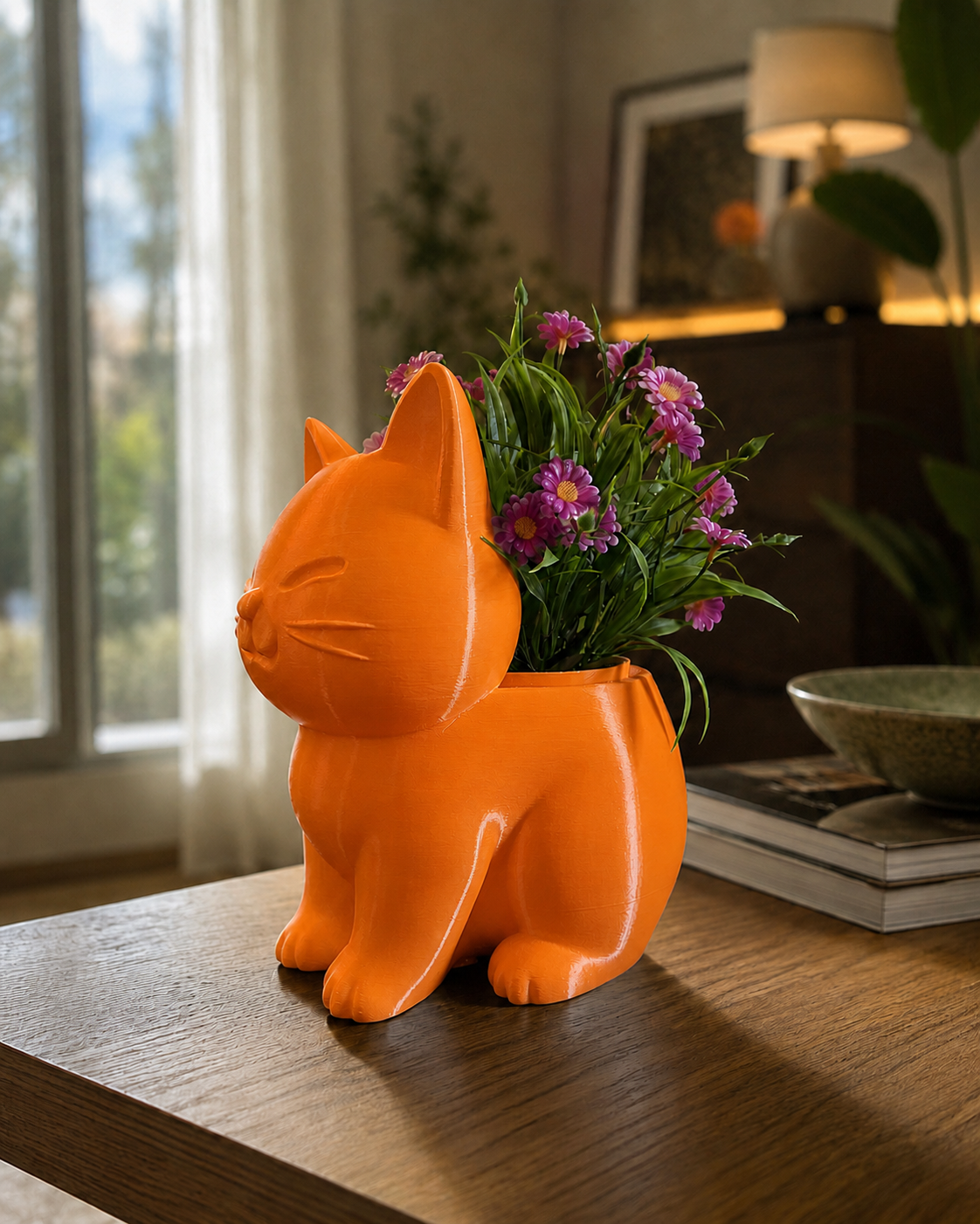 Jarrón con forma de gato naranja – portaplantas decorativo impreso en 3D con flores, vista lateral