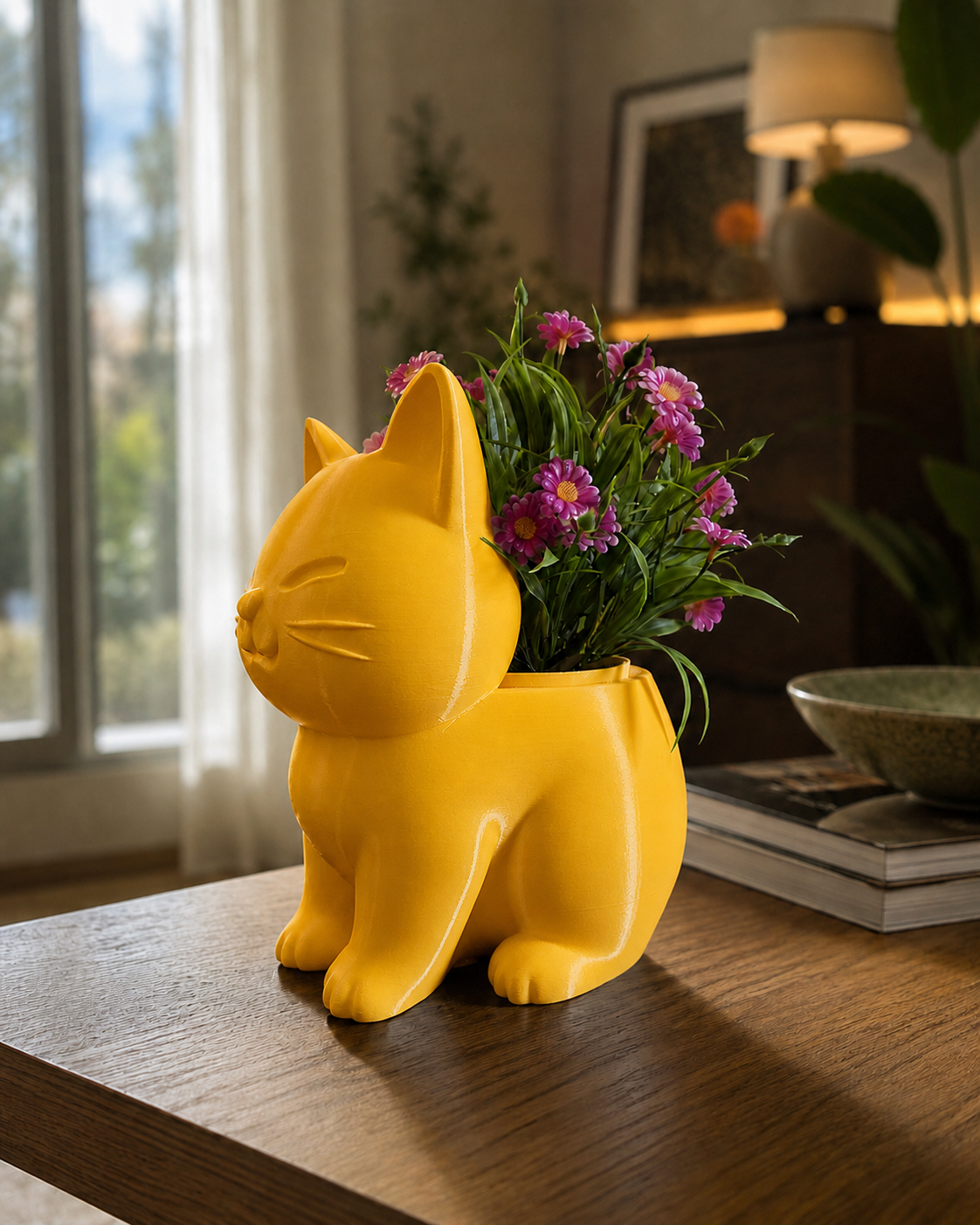 Jarrón con forma de gato amarillo – portaplantas decorativo impreso en 3D con flores, vista lateral