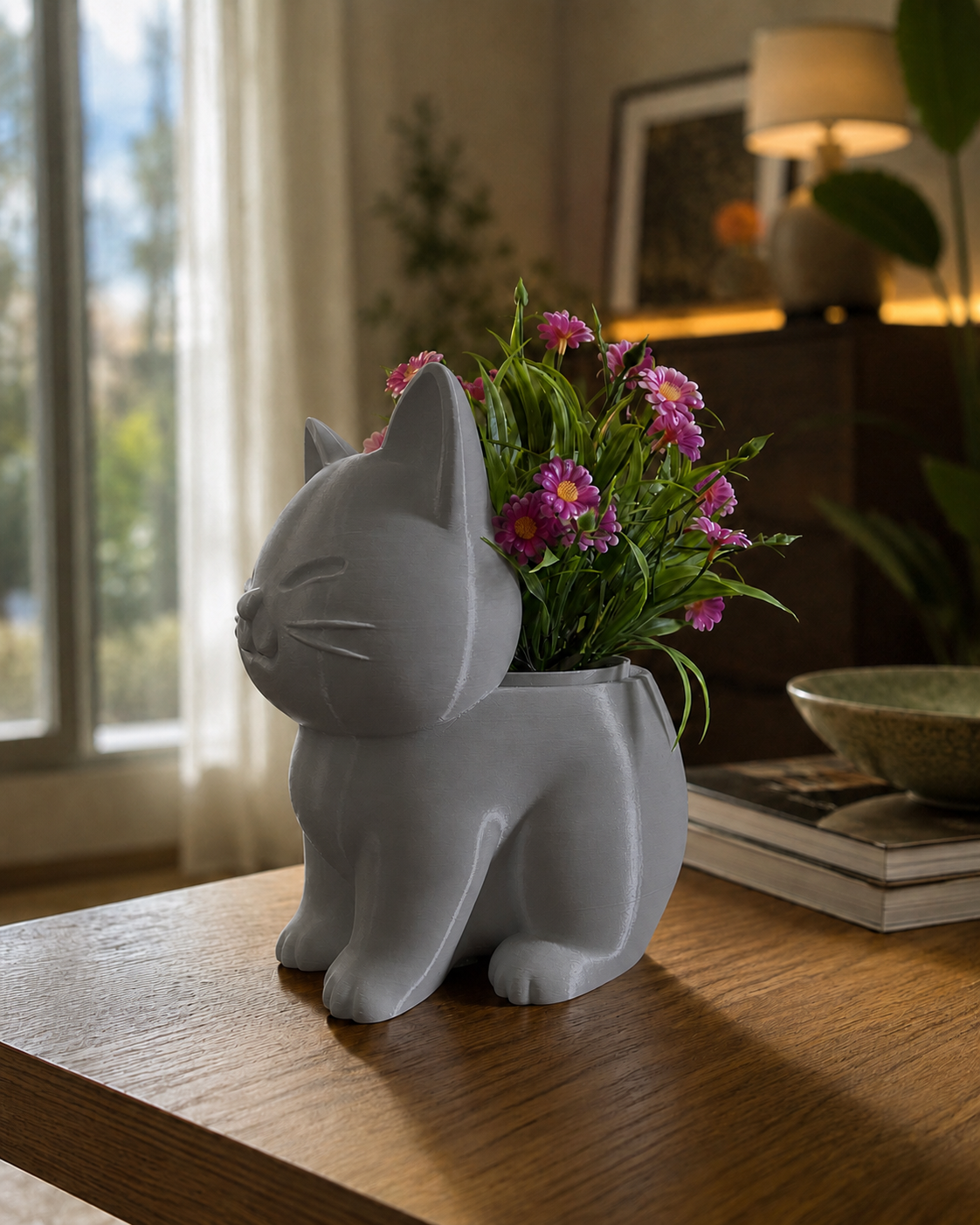 Jarrón con forma de gato gris – portaplantas decorativo impreso en 3D con flores, vista lateral