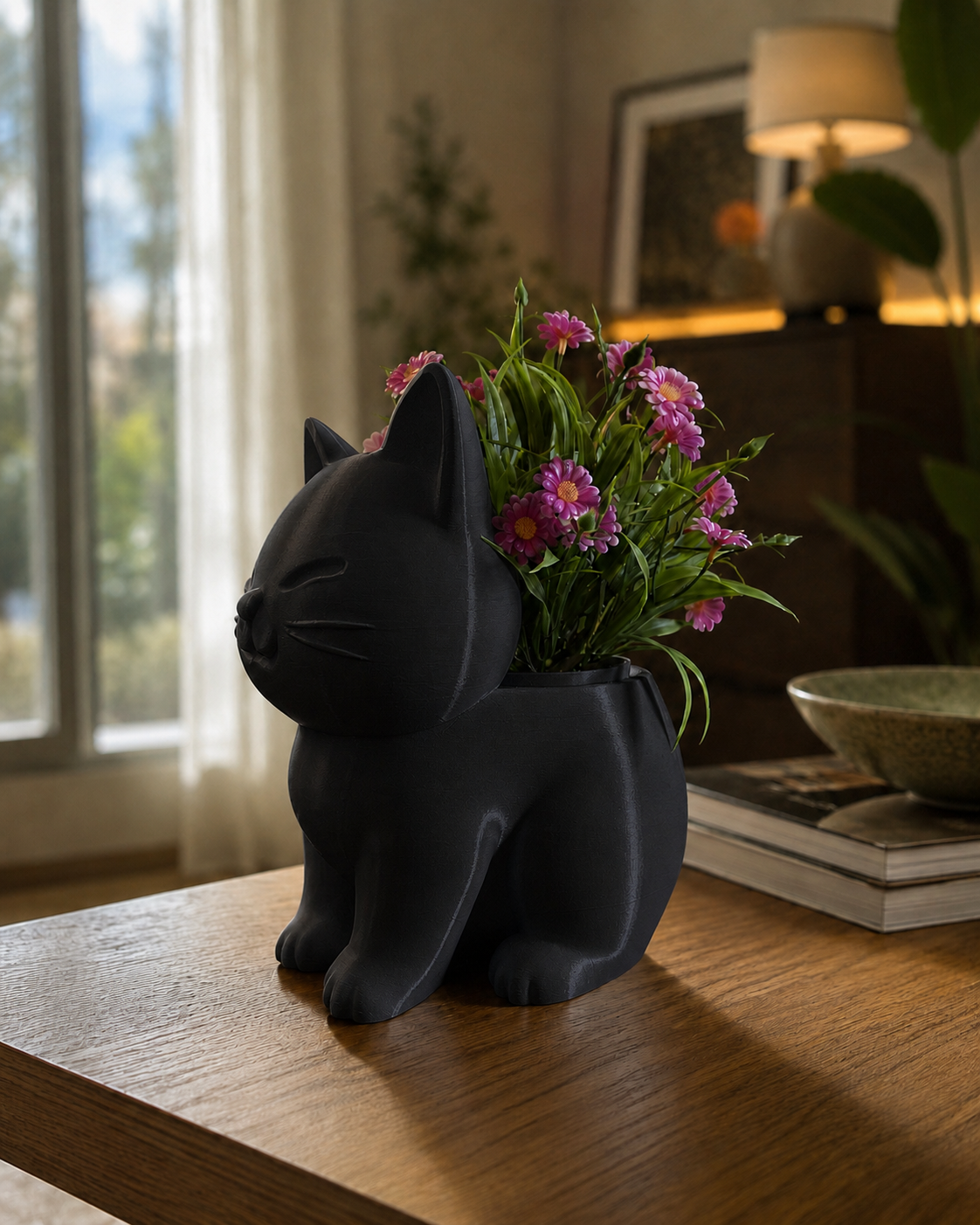 Jarrón con forma de gato negro – portaplantas decorativo impreso en 3D con flores, vista lateral