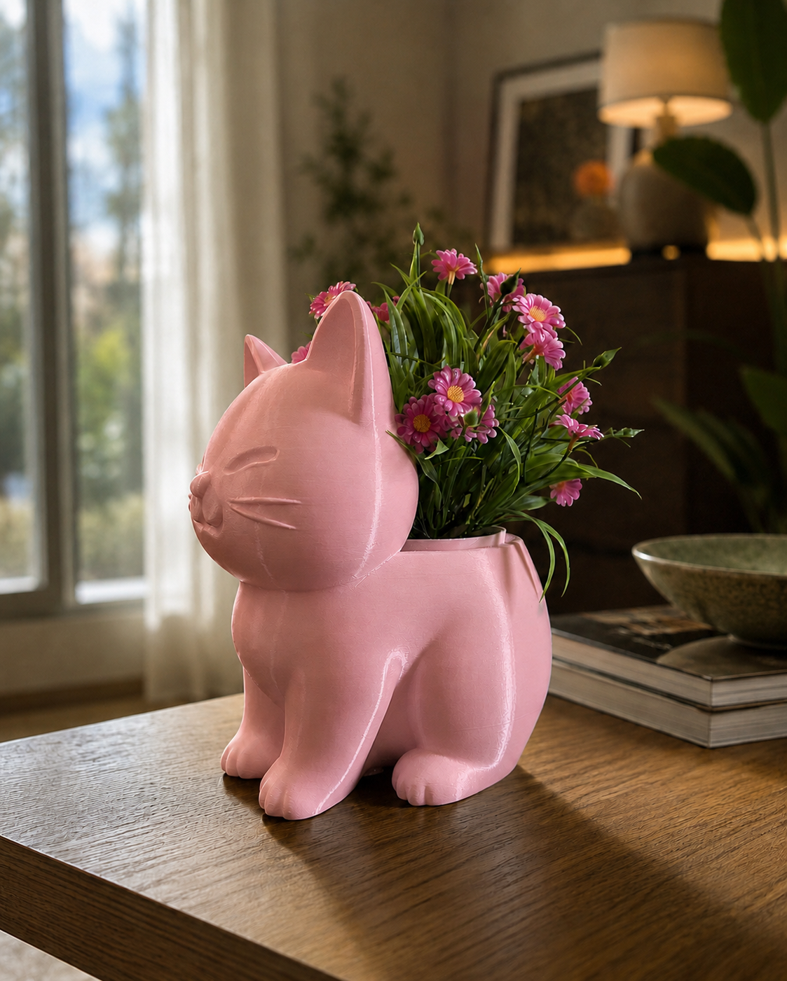 Jarrón con forma de gato rosa – portaplantas decorativo impreso en 3D con flores, vista lateral