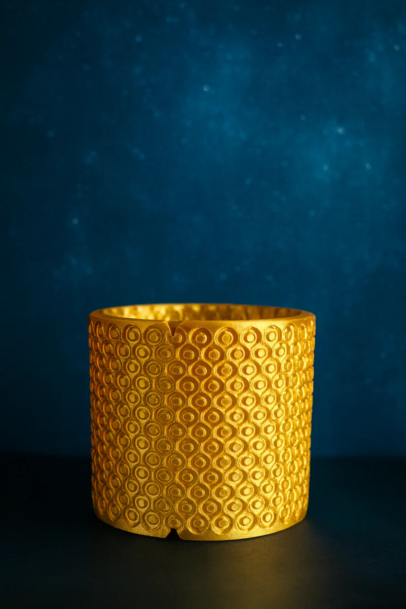 Vaso decorativo moderno dorato tondo stampato in 3D – vista prodotto