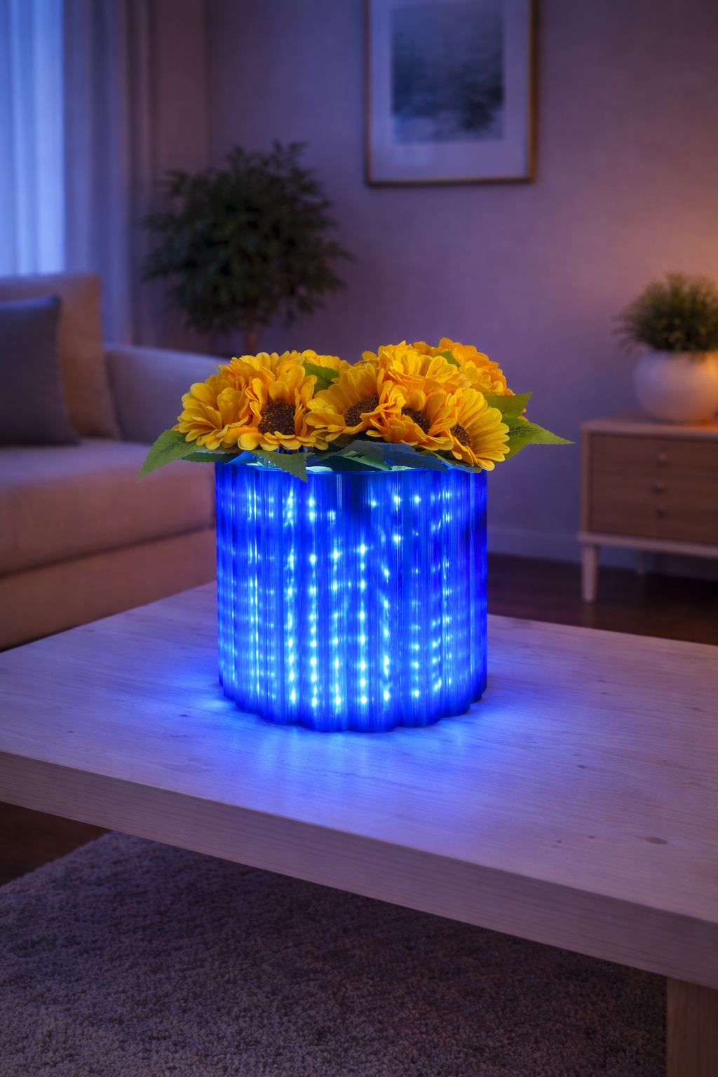Vaso LED luminoso design moderno acceso senza fiori con luce diffusa