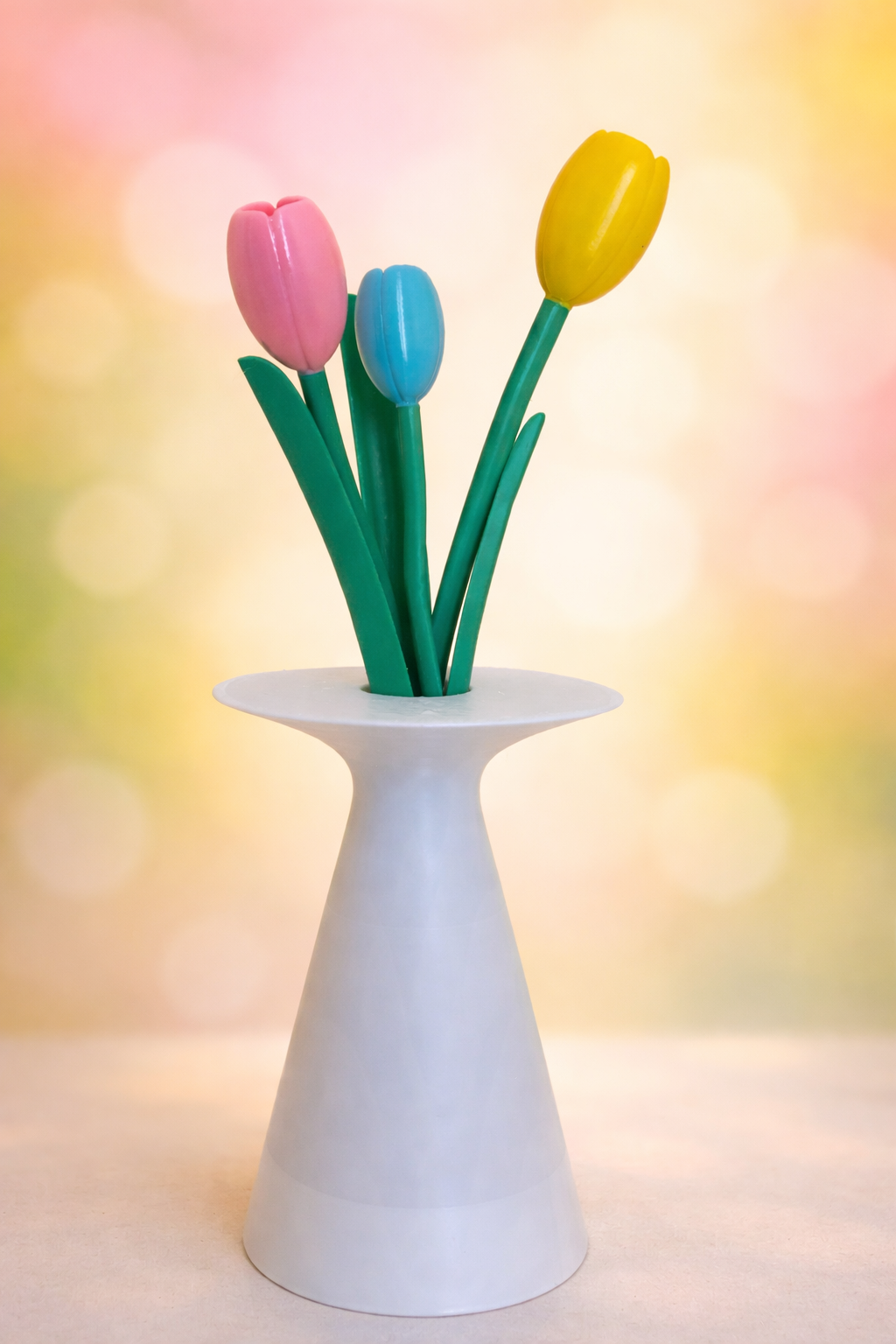 Vaso decorativo con tulipani stilizzati vista frontale
