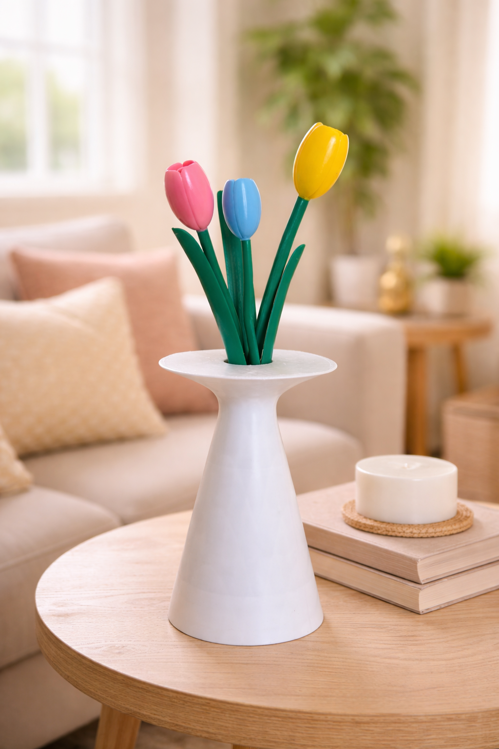 Vaso con tulipani decorazione moderna su tavolino soggiorno