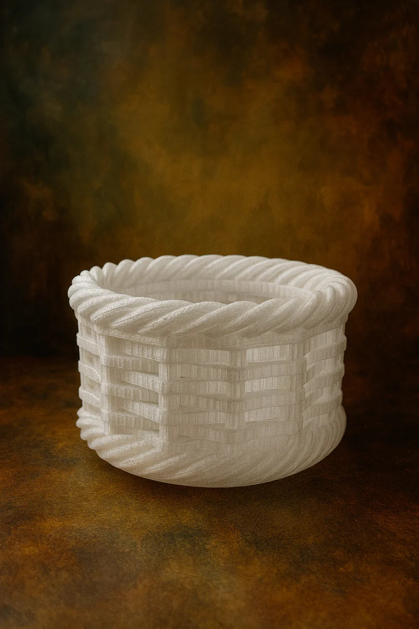 Vase decorativo bianco in vimini stampato in 3D, dimensioni 16,5x16,5x16,5 cm